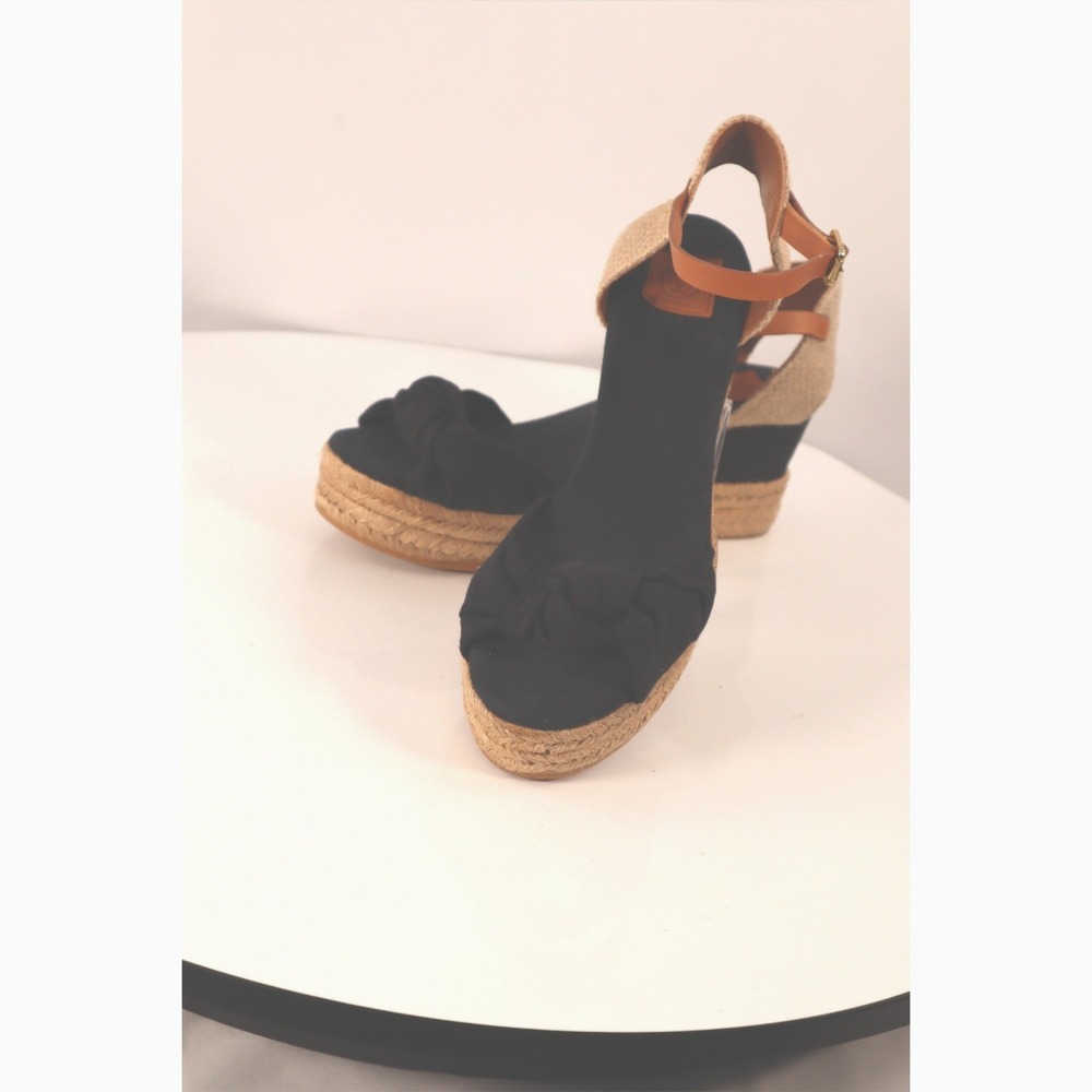 Tory Burch Knotted Bow Espadrille Wedge Sandals Black/Tan Leather Strap Size 10 - Picture 3 of 10